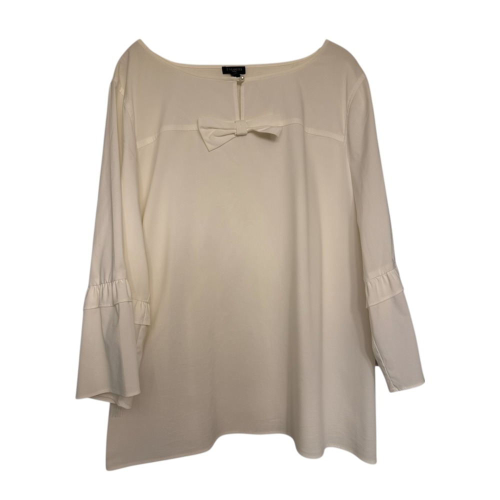 Talbots Blouse Women's 2X White Bow Detail 3/4 Bell Sleeve Pearl Button Coquette
